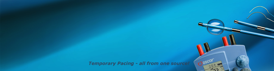 Temporary pacing lead header photo showing TB bipolar temporary pacing lead, Helios temporary pacing lead with balloon, TME 228 heartwire and PACE 203H dual chamber external pacemaker