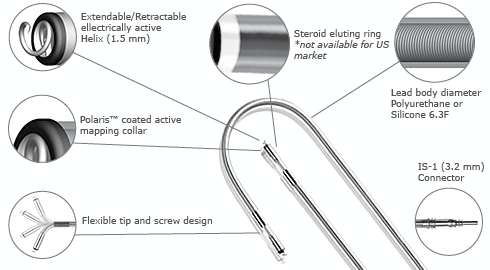 The PY2 permanent pacing lead - showing Extendable retractable electrically active helix (1.5mm), Steroid eluting ring not available for US market, Polaris coated active mapping collar, Lead body diameter polyurethane 6F or silicone 6.3F, Flexible tip and screw design, IS 1 (3.2mm) connector