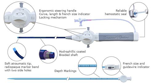 Adelante Destino bidirectional steerable guiding sheath for the introduction and placement of diagnostic and therapeutic devices into the human vasculature. Ergonomic steering handle curve, length and french size indicator, locking mechanism, reliable hemostatic seal, soft atraumatic tip, radiopaque marker band with 2 side holes, hydrophillic coated braided shaft, depth markings, french size guidewire indicator